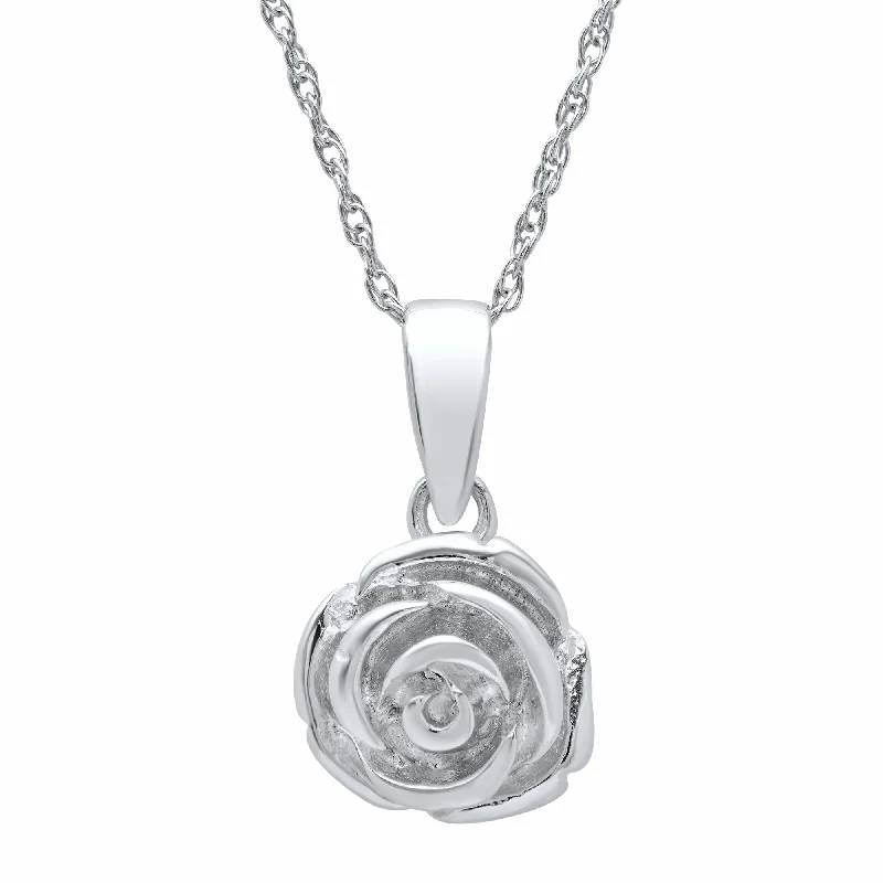 Sterling Silver Rose Pendant Necklace on 18 inch Rope Chain