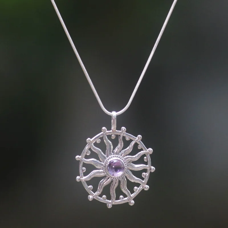 Delicate Crystal Jewelry For Sophisticated Charm Sun Spirit Silver & Amethyst Pendant Necklace