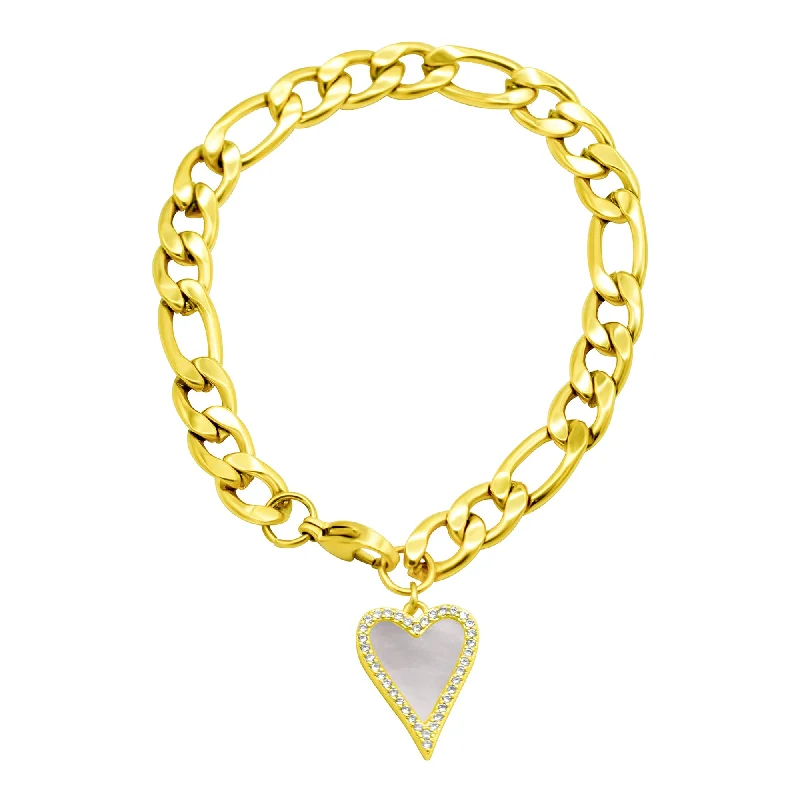Timeless Jewelry Styles At Wallet-Friendly Prices Tarnish Resistant 14K Gold Plated Stainless Steel Figaro Bracelet With Crystal Halo Mother-of-Pearl Heart Timeless Jewelry Styles At Wallet-Friendly Prices Tarnish Resistant 14K Gold Plated Stainless Steel Figaro Bracelet With Crystal Halo Mother-of-Pearl Heart