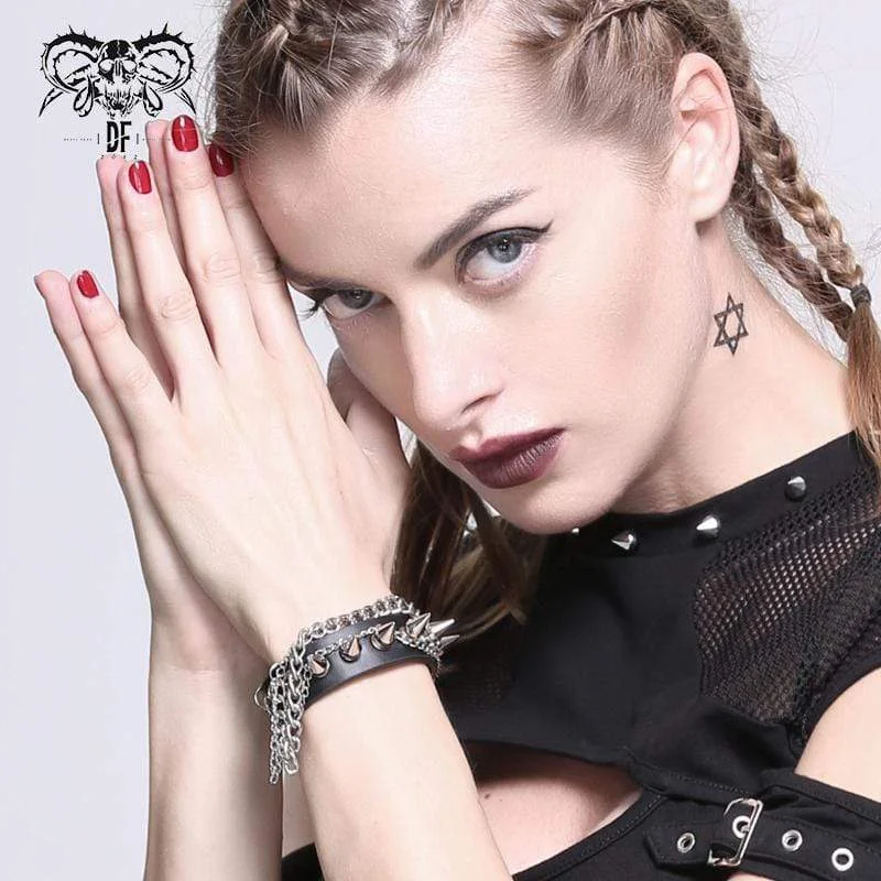 Women's Gothic Punk Black Faux Leather Chain and Studs Wristbands