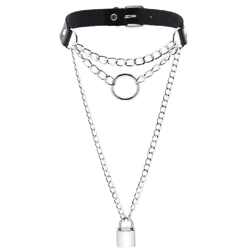 Exclusive Jewelry Markdowns – Limited-Time Offer Women's Metal Chain Faux Leather Choker With Lock&Key