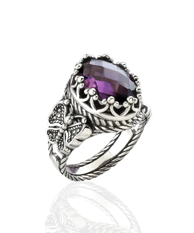 Limited-Stock Jewelry Sale – Shop Before It's Gone Amethyst Gemstone Filigree Art Double Butterfly Detailed Women Silver Statement Ring