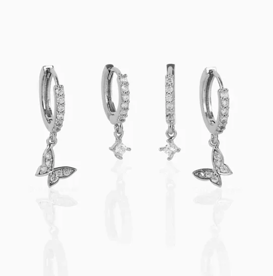 Shop Dazzling Jewelry With Special Promotional Discounts Butterfly Dangle Hoop Earrings Set in Silver by Girls Crew Shop Dazzling Jewelry With Special Promotional Discounts Butterfly Dangle Hoop Earrings Set in Silver by Girls Crew