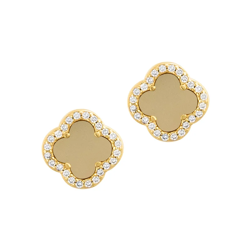 14k Gold Plated Crystal Halo Matte Center Clover Earrings