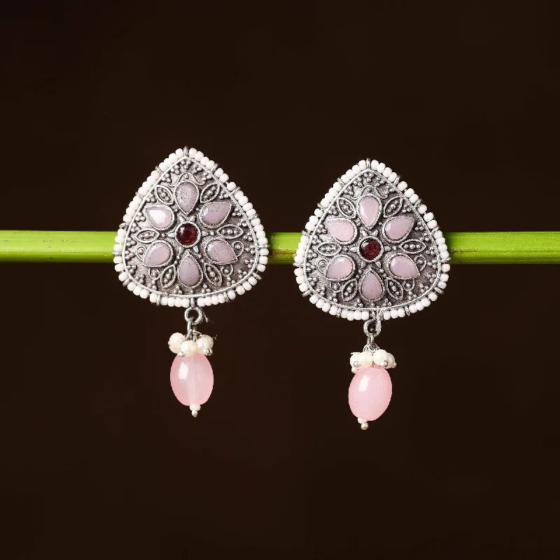 Modern Statement Jewelry For Bold Styling Antique Silver Finish Oxidised Brass Base Stone & Bead Work Earrings