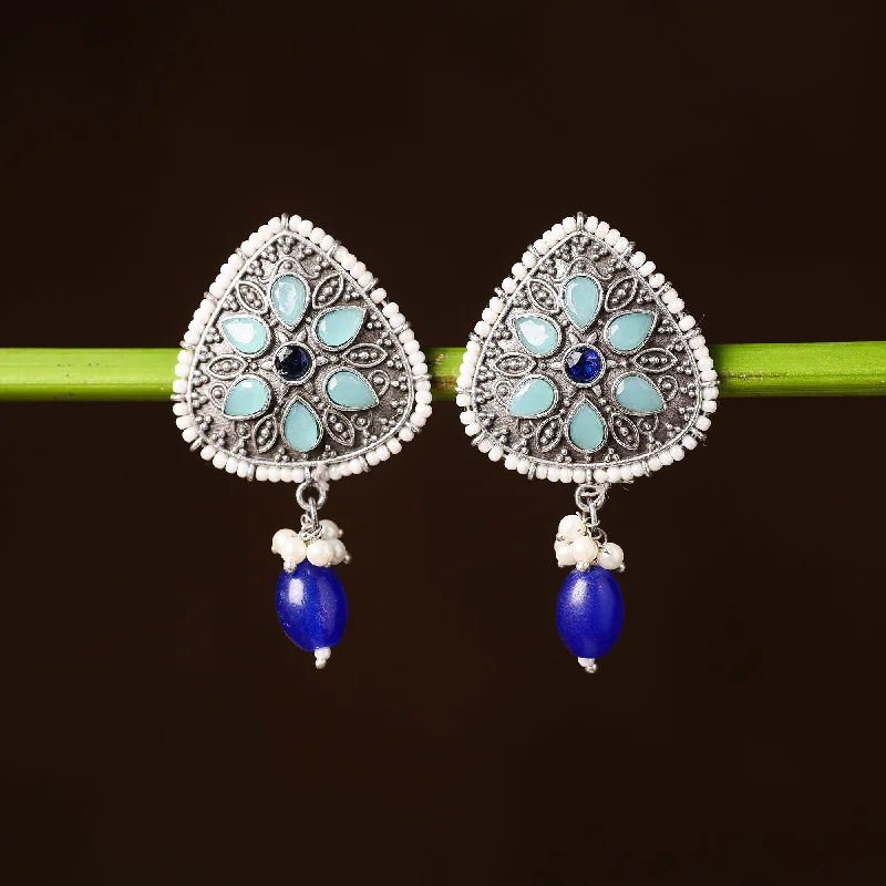 Affordable Gold-Plated Jewelry For Modern Fashion Antique Silver Finish Oxidised Brass Base Stone & Bead Work Earrings