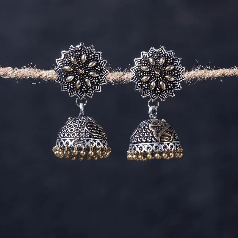 Antique Silver Finish Oxidised Brass Base Jhumka Earrings