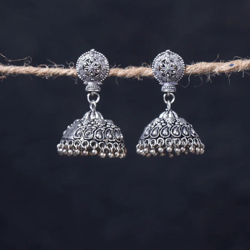 Antique Silver Finish Oxidised Brass Base Jhumka Earrings