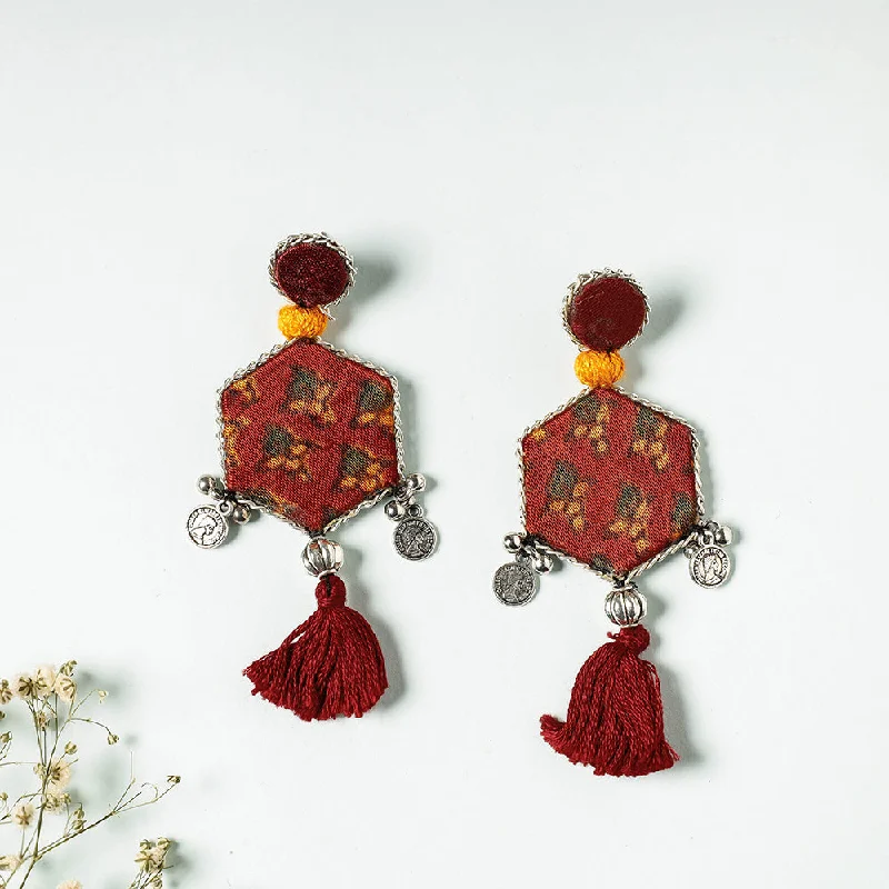 Handcrafted Ajrakh Print Beadwork Earrings