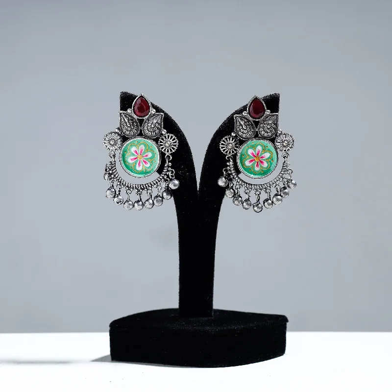 Antique Silver Finish Oxidised Brass Base Enamel & Stone Work Earrings