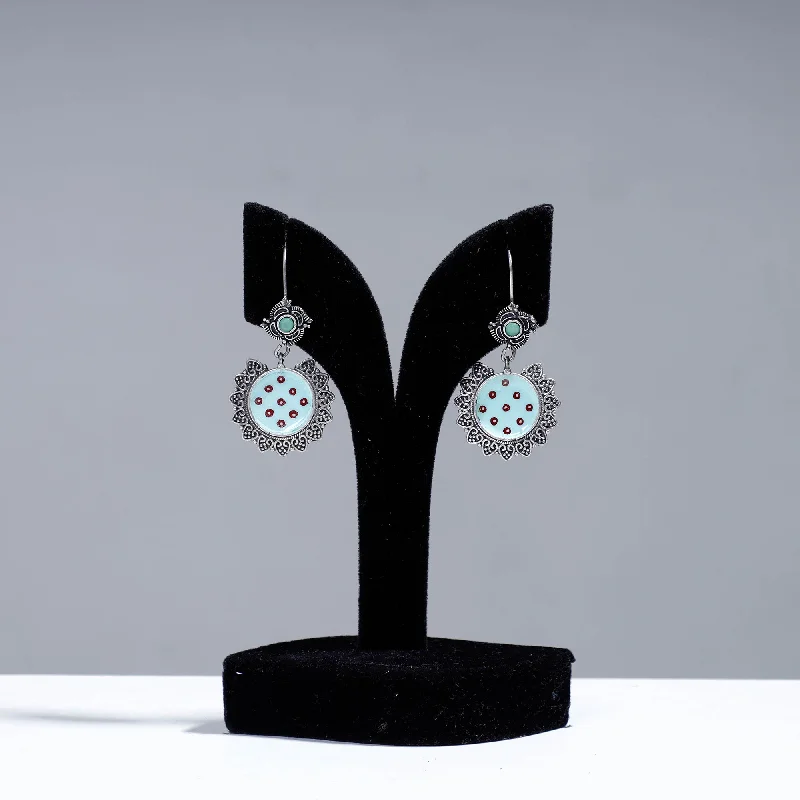 Antique Silver Finish Oxidised Brass Base Enamel Work Earrings