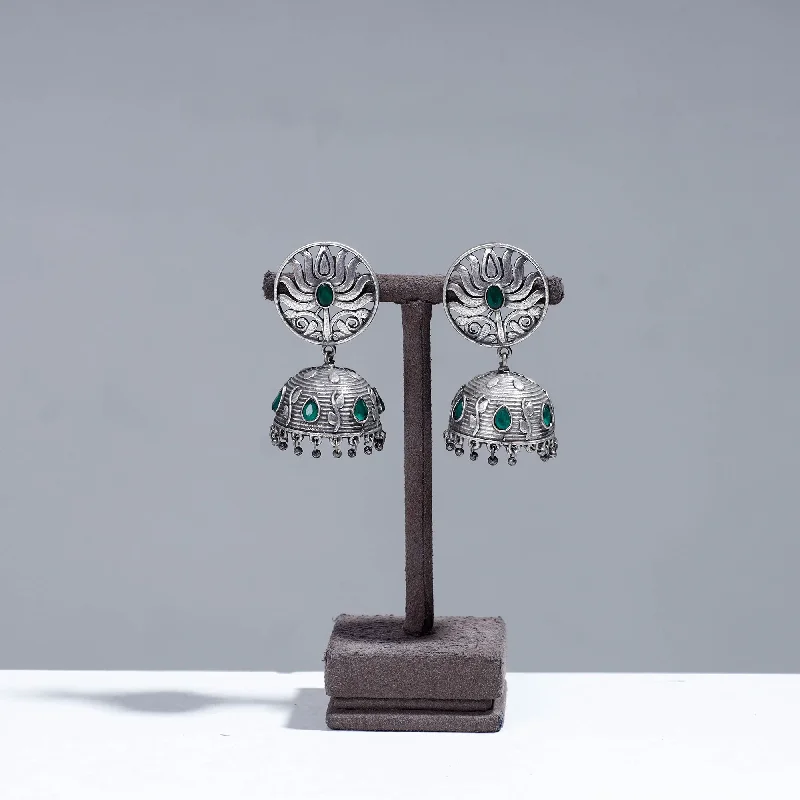 Antique Silver Finish Oxidised Brass Base Stone Work Jhumki Earrings