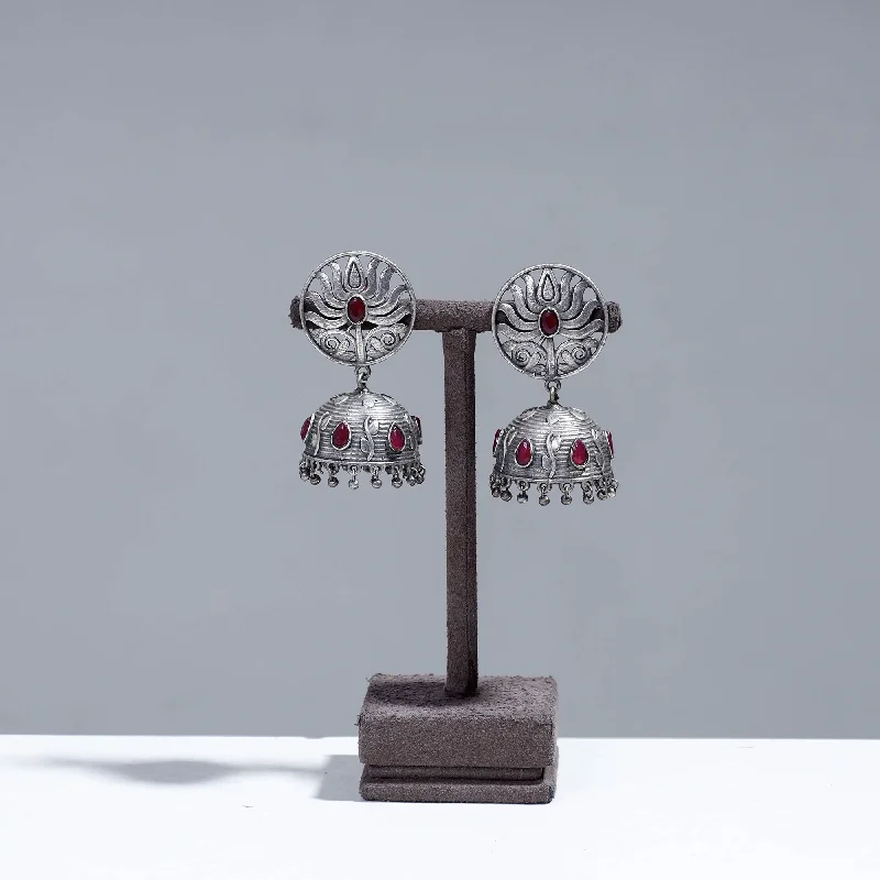 Antique Silver Finish Oxidised Brass Base Stone Work Jhumki Earrings