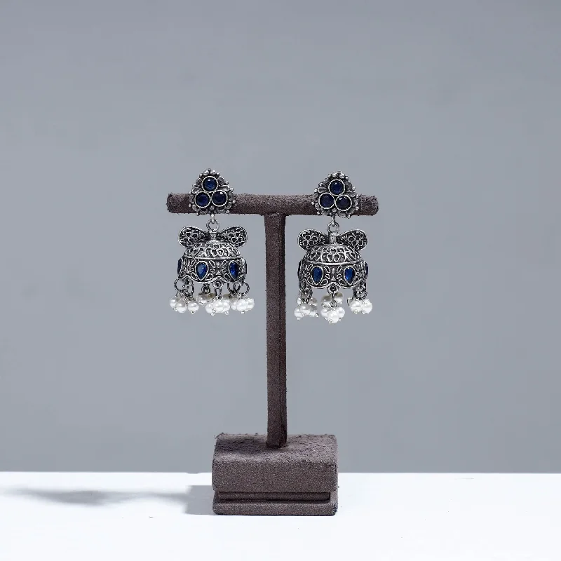 Antique Silver Finish Oxidised Brass Base Stone Work Jhumki Earrings