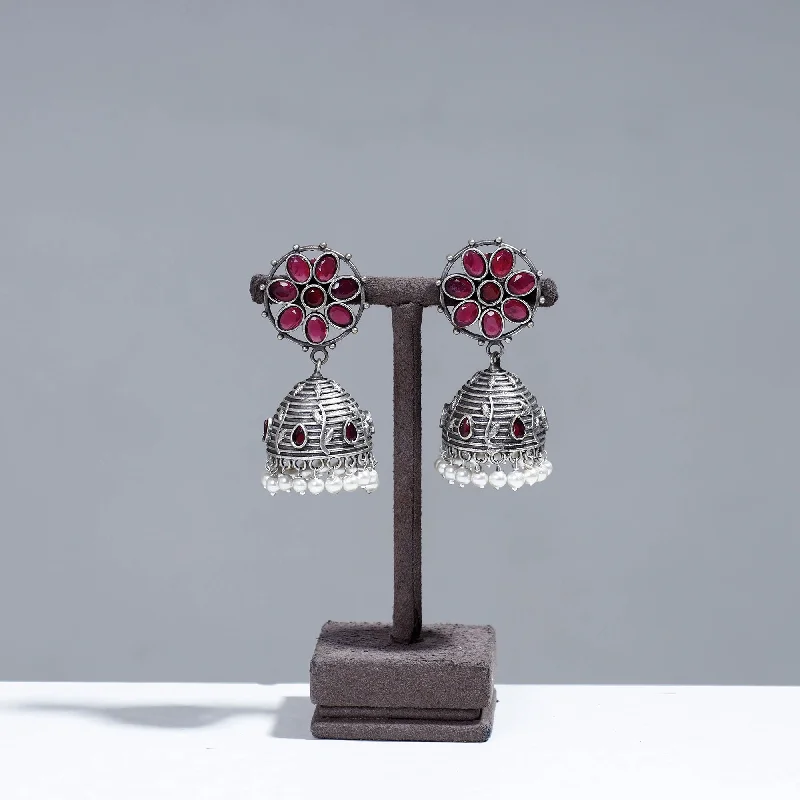 Antique Silver Finish Oxidised Brass Base Stone Work Jhumka Earrings