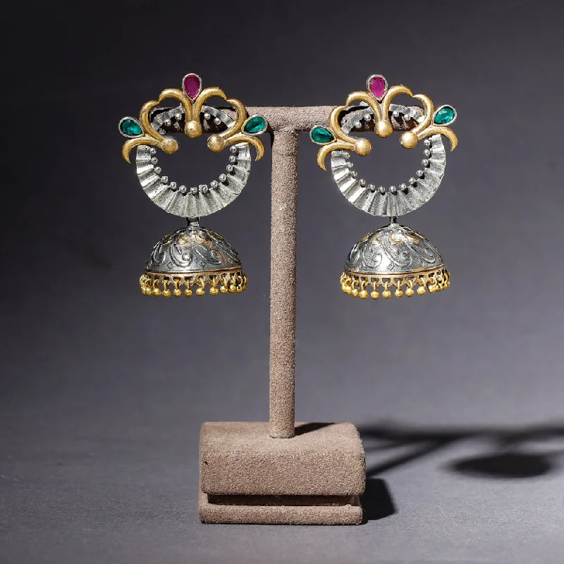 Customized Silver Jewelry For Unique Style Oxidised Antique Finish Dual Tone Stone GS Jhumki Earrings