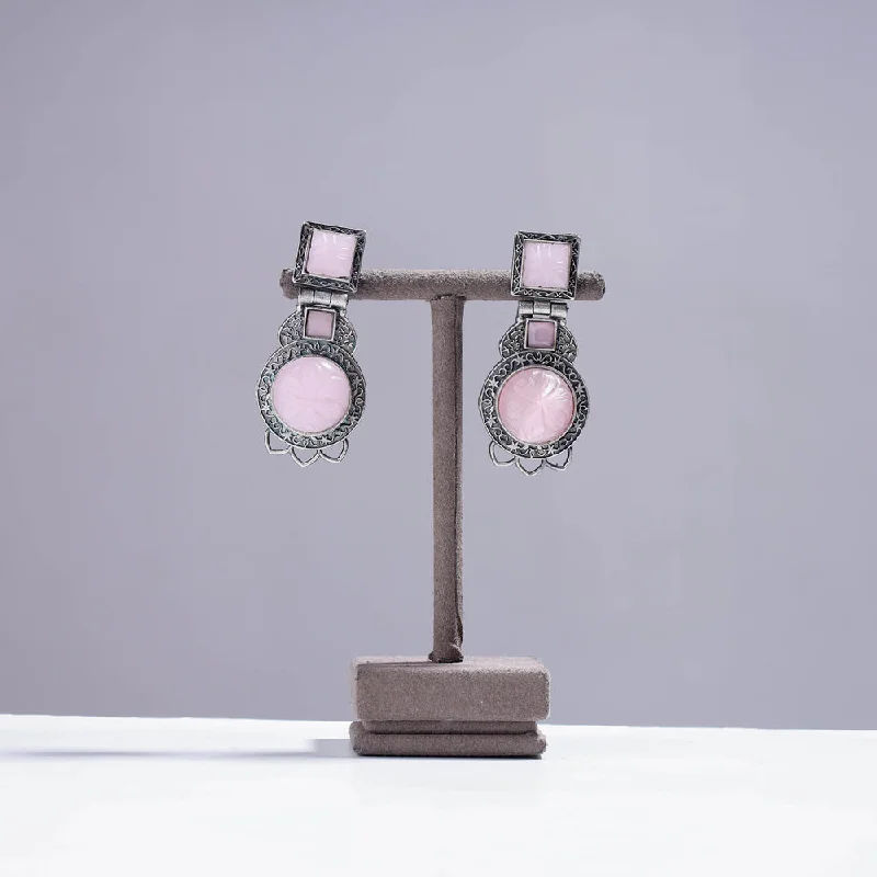 Antique Silver Finish Oxidised Brass Base Stone Work Earrings