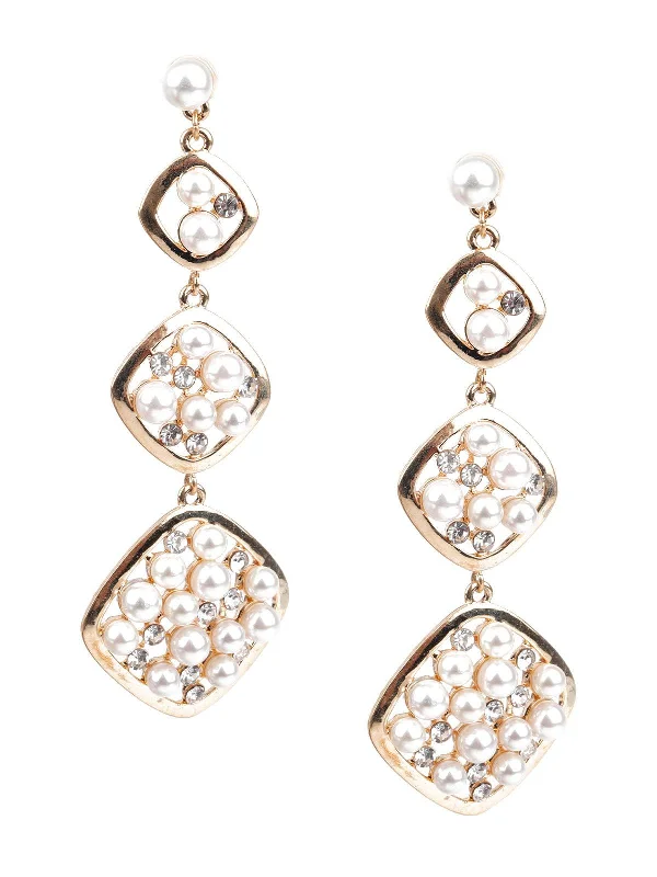 Odette Women Classy White And Gold Faux Pearl Dangle Earrings