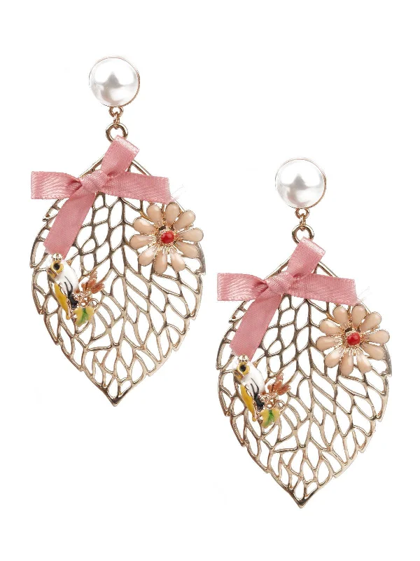 Odette Women Ornate Pink And Gold Dangler Earrings