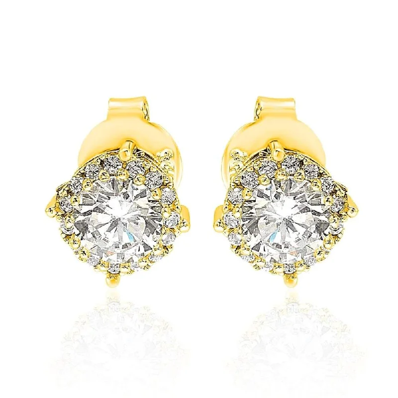 Suzy Levian Yellow Sterling Silver White Cubic Zirconia Round Stud Earrings