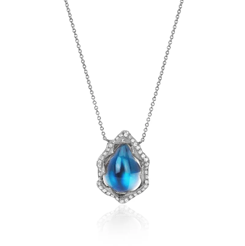 Unmissable Discounts On Timeless Jewelry Pieces 18k Queen Water Drop Blue Sheen Moonstone Necklace with Full Pavé Halo | Ready to Ship