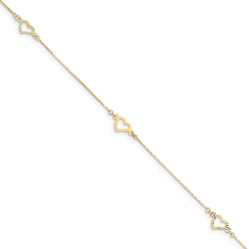 14k Yellow Gold Adjustable Fancy Heart Anklet, 9 Inch