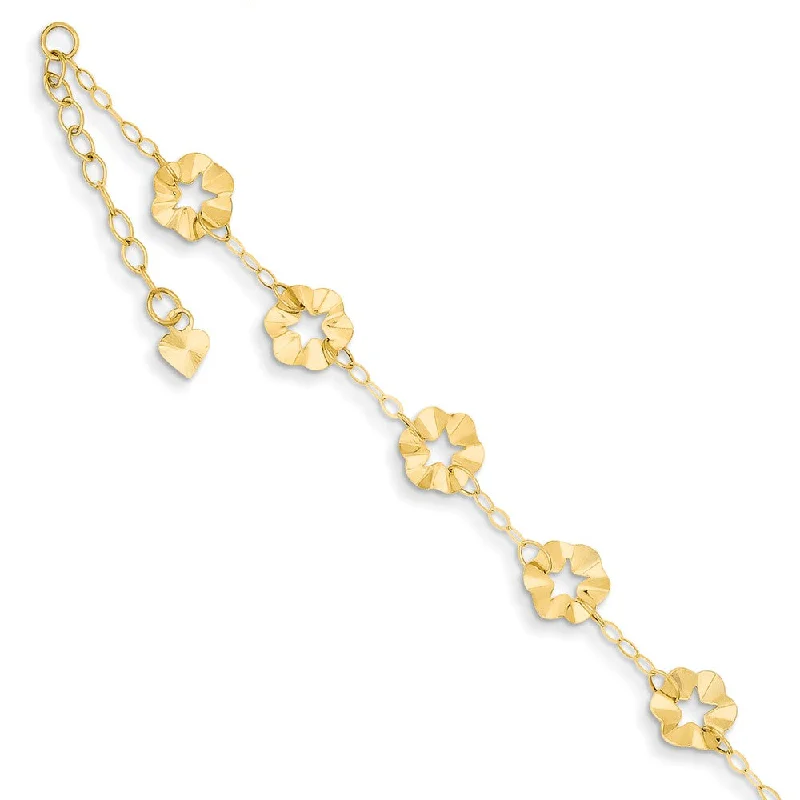 14k Yellow Gold Adjustable Flower Anklet, 9 Inch