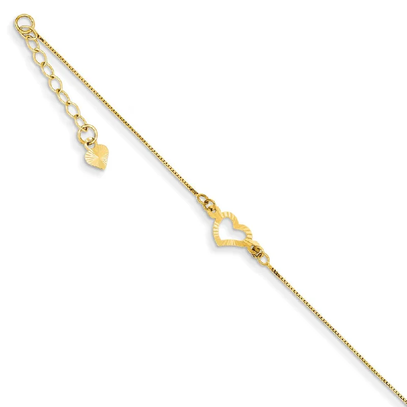 14k Yellow Gold Adjustable Heart Anklet, 9 Inch