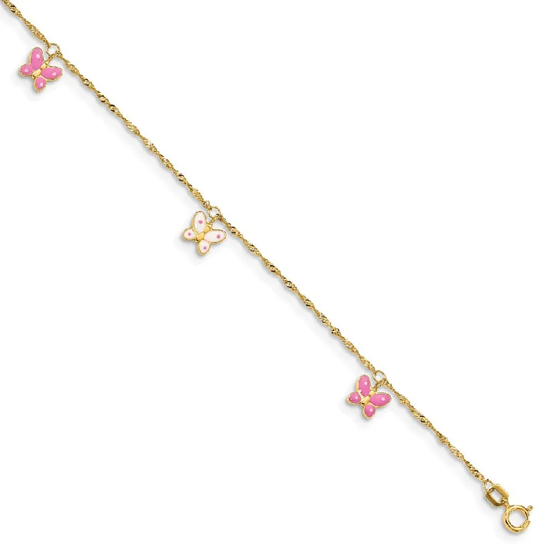 14k Yellow Gold and Enameled Butterfly Adjustable Anklet, 10 Inch