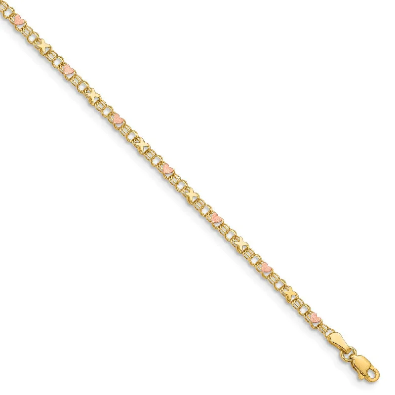 14k Yellow Gold And Pink Rhodium Kisses and Hearts Anklet, 10 Inch