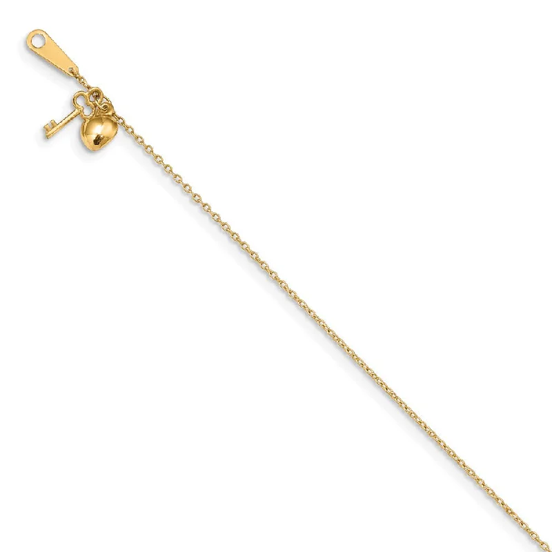 14k Yellow Gold Heart and Key 0.8mm Cable Chain Anklet, 10 Inch