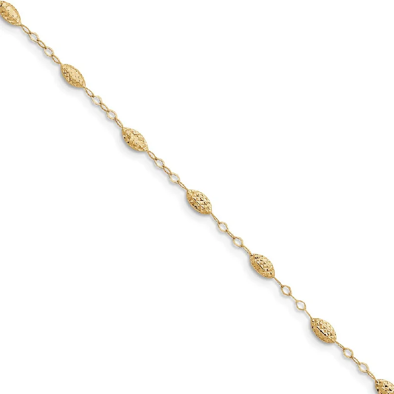 14k Yellow Gold Puff Rice Bead Station Anklet, 9-10 Inch