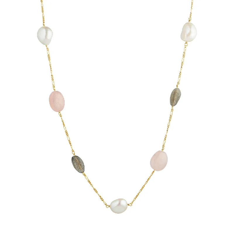 Luxury Jewelry At Unbeatable Discounts Valentine 18K Gold Plated Necklace w. Pearls, Morganite & Laboradorite