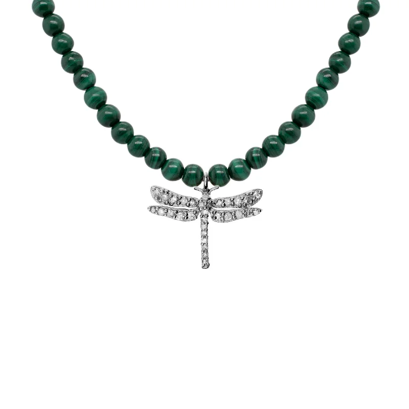 Get Ready To Sparkle – Special Jewelry Discounts Dragonfly Oxidized Silver Necklace w. Malachite & Diamond