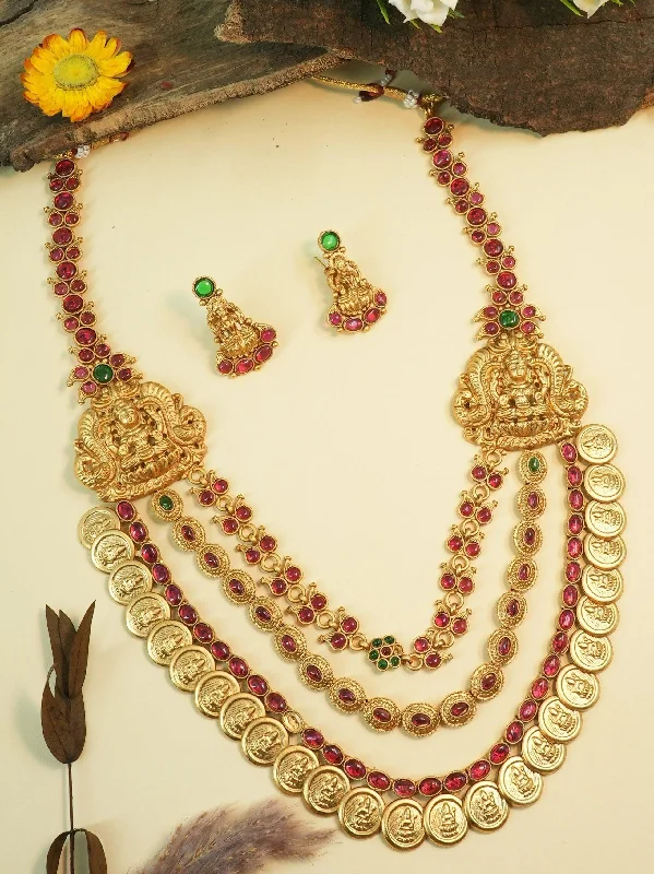 Dazzle With Discounts – Shop Jewelry On Sale Antique Premium Gold Finish Laxmi pattern Long Necklace Set 10604N