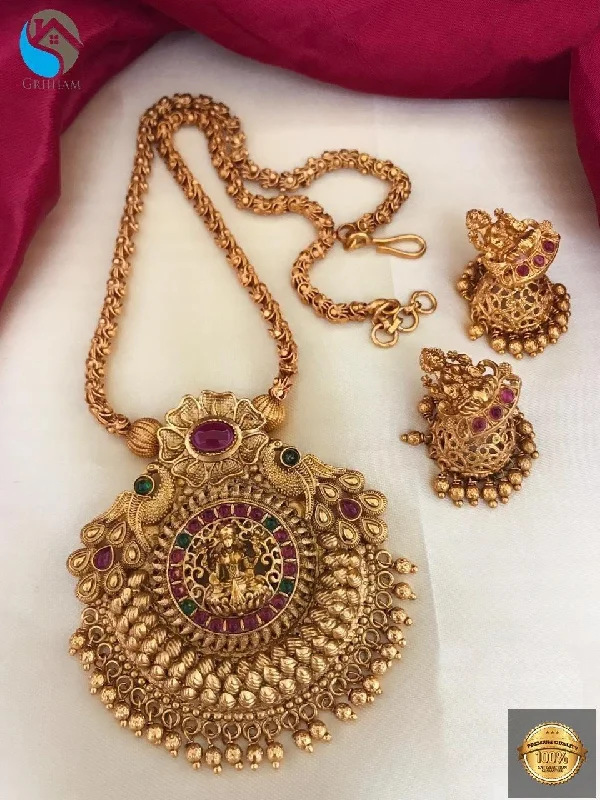 Exclusive Jewelry Markdowns – Limited-Time Offer Premium Gold Finish Necklace set with Laxmi pendant design and multi stones PNJ10-312-5158N