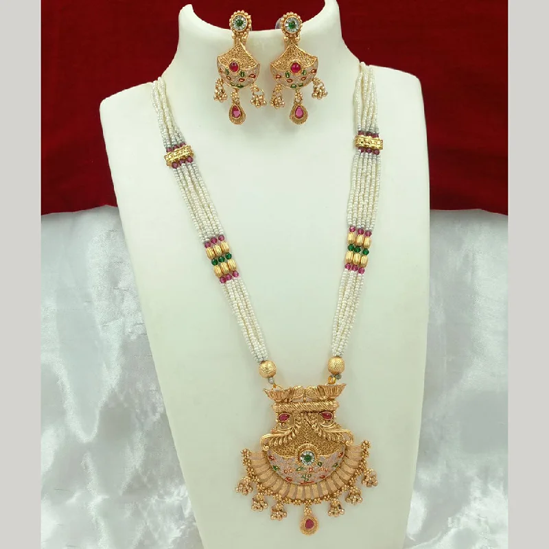 Elegant Rose Gold Jewelry For A Stylish Touch FS Collection Gold Plated Pota Stone And Pearl Meenakari Long Necklace Set