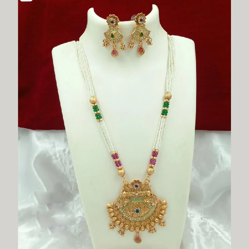Romantic Heart-Shaped Jewelry For Special Gifts FS Collection Gold Plated Pota Stone And Pearl Meenakari Long Necklace Set
