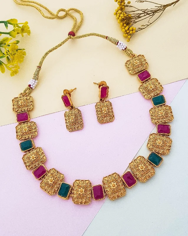 The Perfect Jewelry Piece At The Perfect Price Gold Plated Elegant AD Necklace Set 18450N