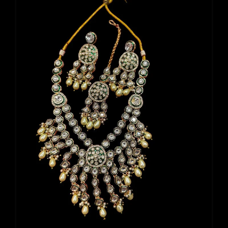 Delicate Crystal Jewelry For Sophisticated Charm JCM Gold Plated Polki Kundan And Beads Necklace Set