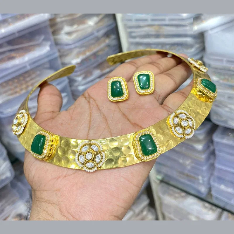 Luxury Handcrafted Jewelry For Elegant Looks JCM Gold Plated Polki Kundan Stone And Pearls Choker Necklace Set