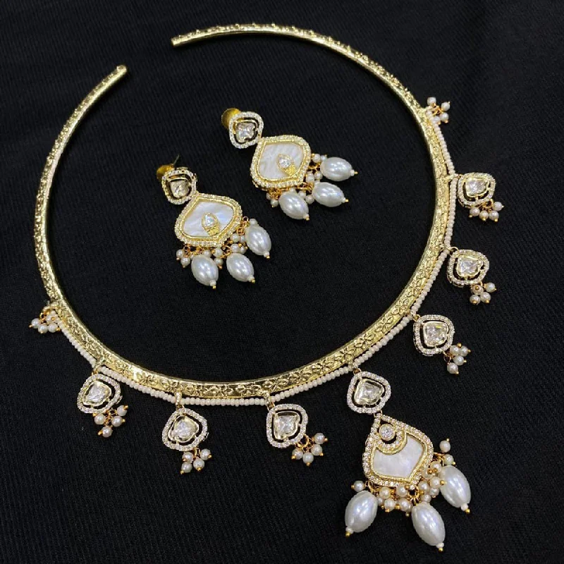 Trendy And Classic Jewelry Now At Reduced Prices JCM Gold Plated Polki Kundan Stone And Pearls Choker Necklace Set
