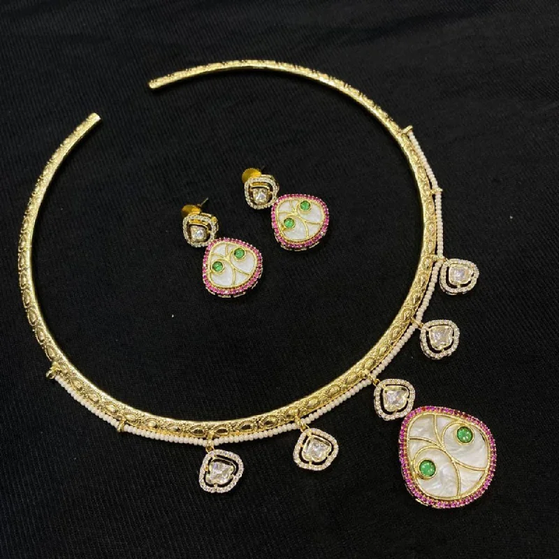 Delicate Crystal Jewelry For Sophisticated Charm JCM Gold Plated Polki Kundan Stone Necklace Set