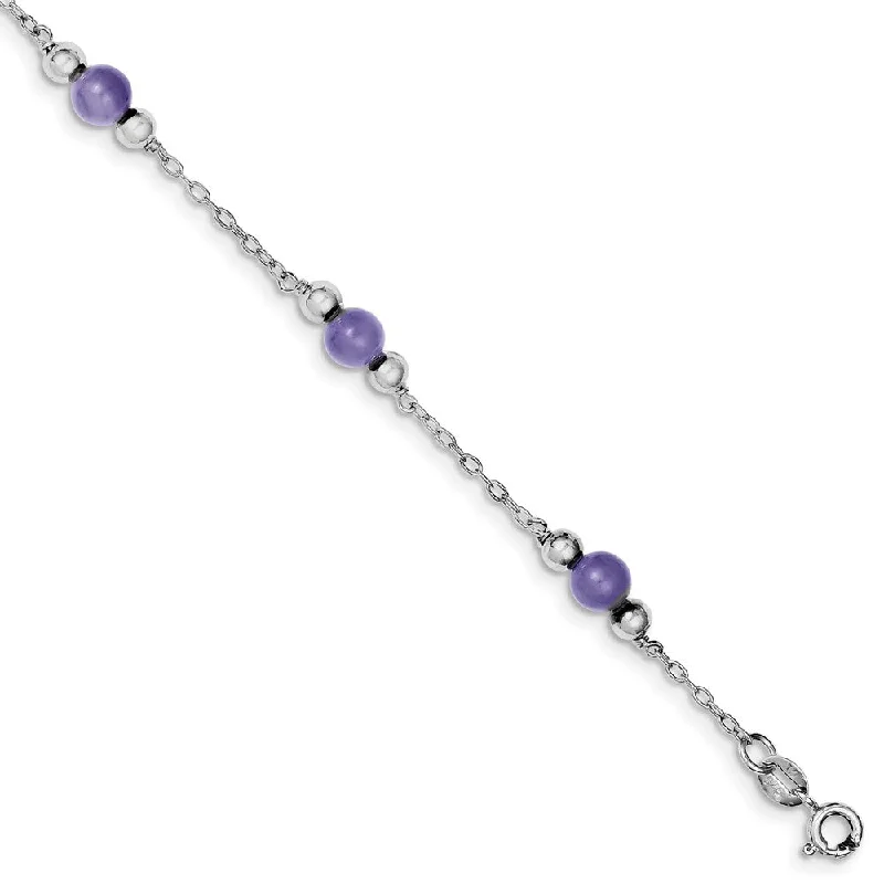 Lavender Jade in Rhodium-Plated Sterling Silver, Beaded Anklet, 9 Inch