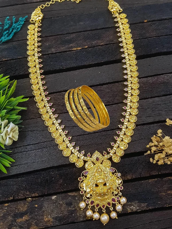 Affordable Elegance – Premium Jewelry At Special Prices Micro Gold Plated Long Laxmi Hara Necklace Set with Set of 4 Bangles