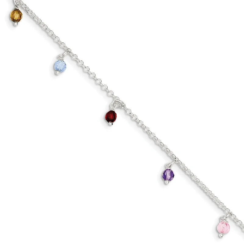 Multicolored Crystal And Sterling Silver 2mm Cable Anklet, 9-10 In