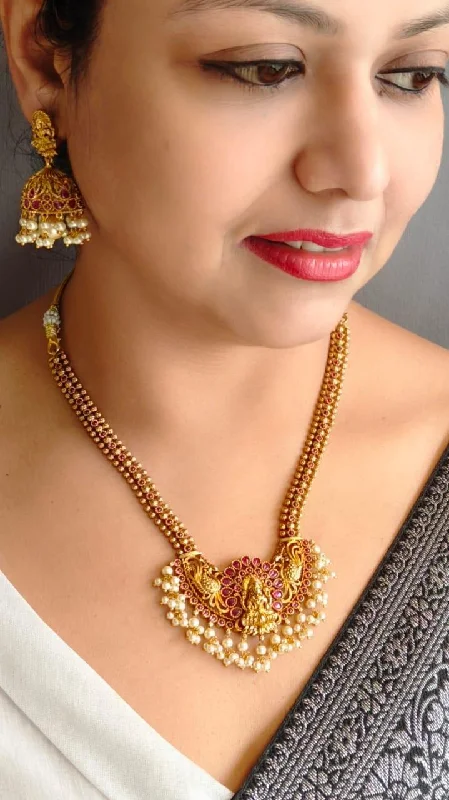 Clearance Sale On High-End Jewelry Collections Premium Gold Finish Long Laxmi Hara Necklace set with pearls