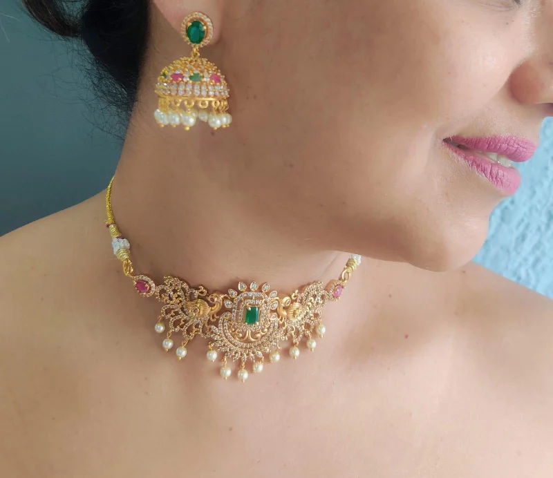 Save On Luxury Jewelry Pieces – Limited-Time Offers Premium Gold Plated Choker Necklace set with Multicolour Stones 15905N-1