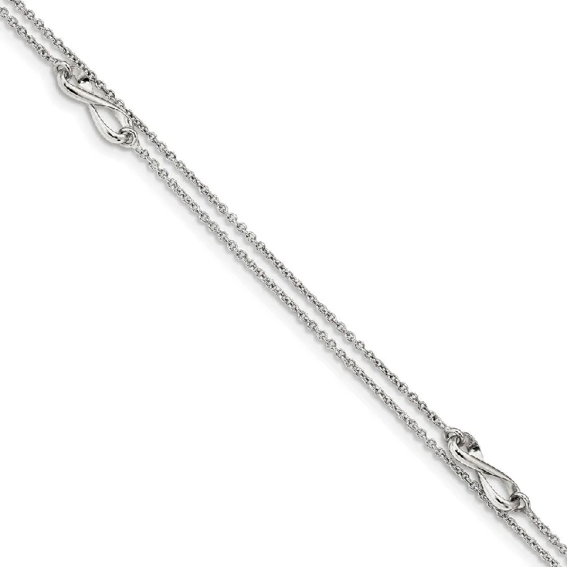 Rhodium-Plated Sterling Silver 2-Strand Infinity Anklet, 9-10 Inch