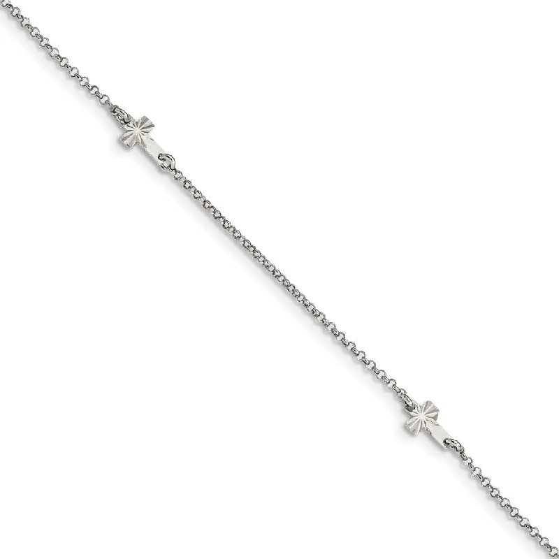 Rhodium-Plated Sterling Silver D/C Crosses Rolo Chain Anklet, 9-10 In.